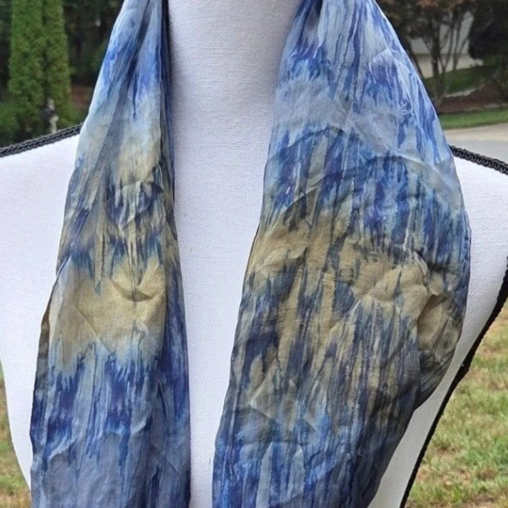 Blue Gold Abstract Tie Dye 100% Silk Scarf Long Sheer Made in India 21x72